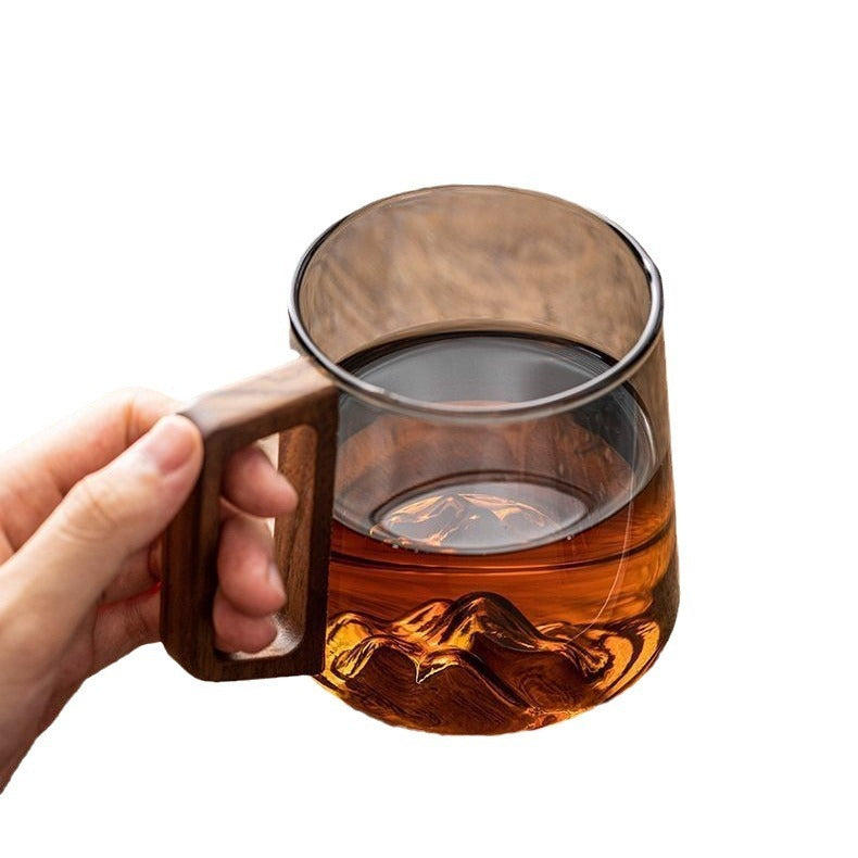 Guanshan Glass Single-layer Side Wooden Handle Drinking Cups Household Large-capacity Milk Tea Juice Single-layer Cup Kitchen Gadgets 