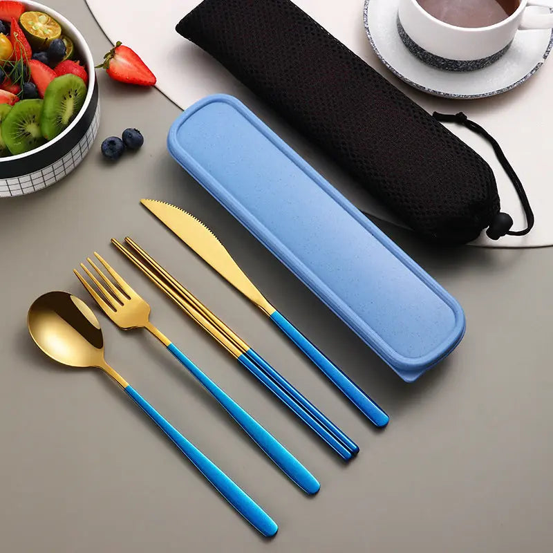 304 Dinnerware Set Flatware Kitchen Accessories Camping Travel Sets Gold Knife Fork Spoon Portable Cutlery Sets With Case 