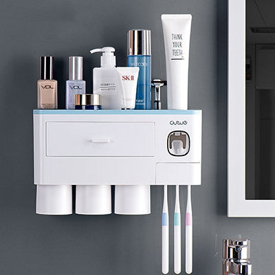 Non-marking Hanging Magnetic Toothbrush Holder Single Drawer Storage Rack With Toothpaste Squeezer Toiletry Set 