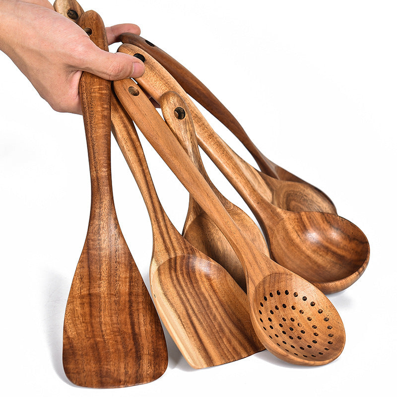 Teak Natural Wood Tableware Spoon Ladle Turner Rice Colander Soup Skimmer Cooking Tool Sets Spoon Scoop Kitchen Tools Gadgets 