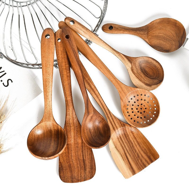 Teak Natural Wood Tableware Spoon Ladle Turner Rice Colander Soup Skimmer Cooking Tool Sets Spoon Scoop Kitchen Tools Gadgets 