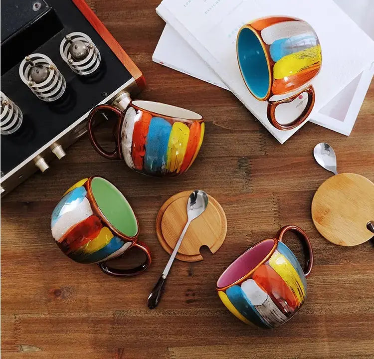 Creative ceramic cup milk cup water cup coffee cup breakfast cup couple cup to cup mug with lid spoon 