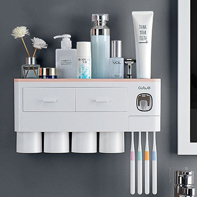 Non-marking Hanging Magnetic Toothbrush Holder Single Drawer Storage Rack With Toothpaste Squeezer Toiletry Set 