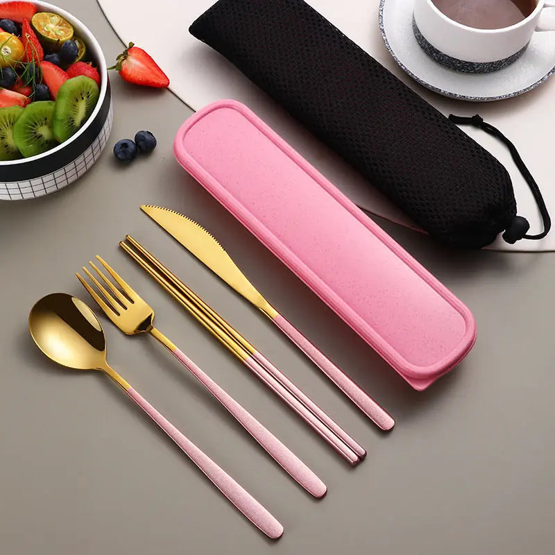 304 Dinnerware Set Flatware Kitchen Accessories Camping Travel Sets Gold Knife Fork Spoon Portable Cutlery Sets With Case 