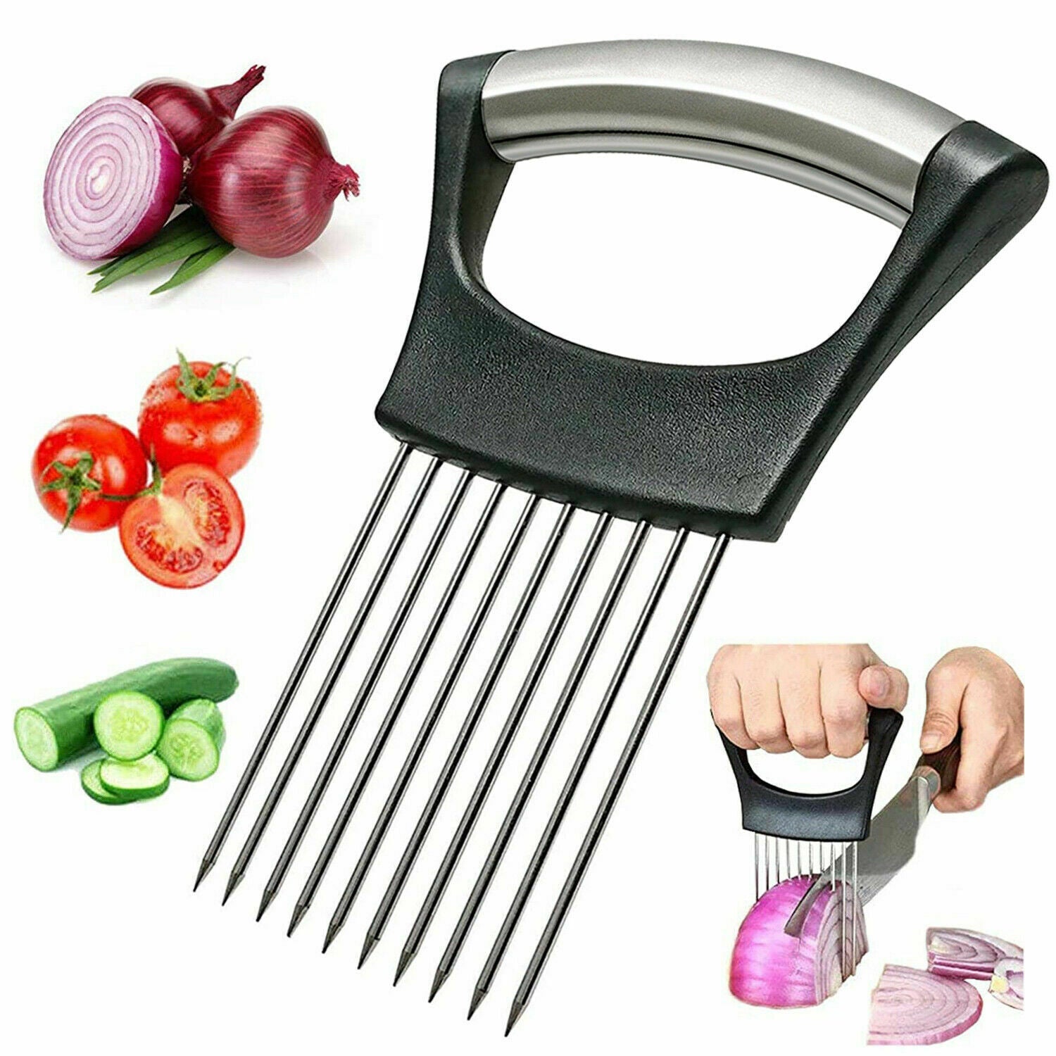 Food Slice Assistant - Stainless Steel Onion Holder Slicer Tomato Cutter NonSlip 