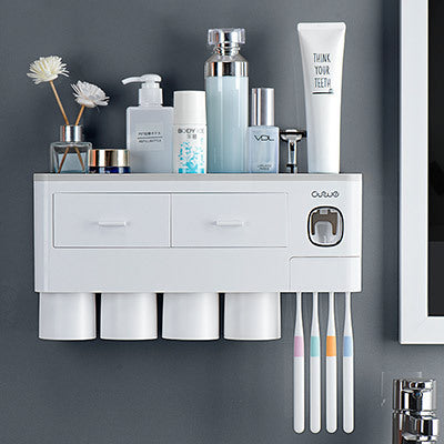 Non-marking Hanging Magnetic Toothbrush Holder Single Drawer Storage Rack With Toothpaste Squeezer Toiletry Set 