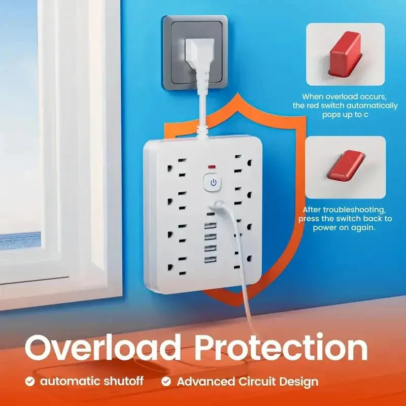 outlet surge protector | heavy duty power strip with usb | 8 ac outlets and 6 usb ports | energy saving