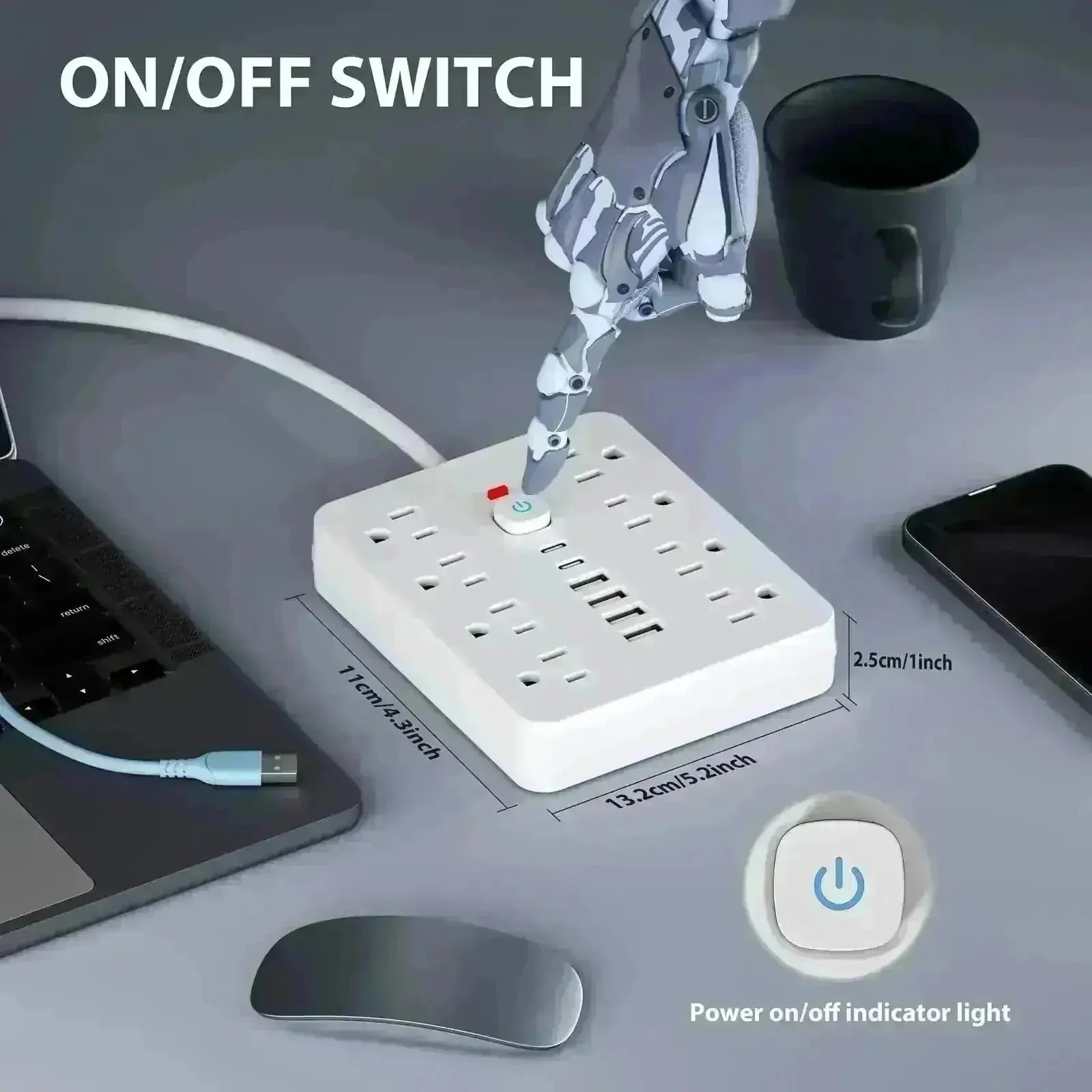 surge protector with usb c | 6 outlet power strip | 8 foot heavy duty extension cord | energy saving