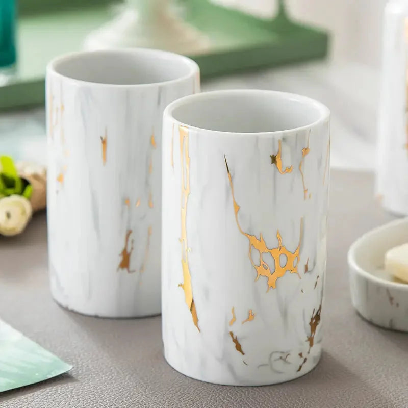 marble bathroom accessories set | ceramic soap dish and tumbler | waterproof bathroom organization | ultrasonic cleaning