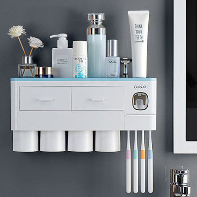 Non-marking Hanging Magnetic Toothbrush Holder Single Drawer Storage Rack With Toothpaste Squeezer Toiletry Set 