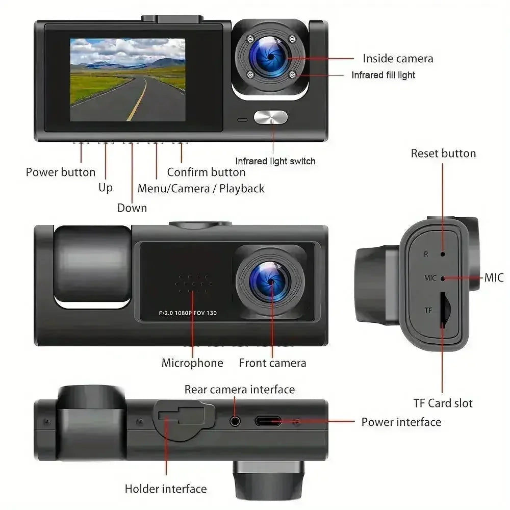 dual camera dash cam | 1080p front and rear recording | ir night vision system | energy saving