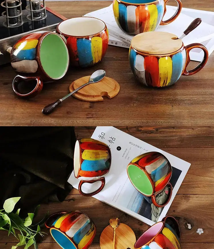 Creative ceramic cup milk cup water cup coffee cup breakfast cup couple cup to cup mug with lid spoon 