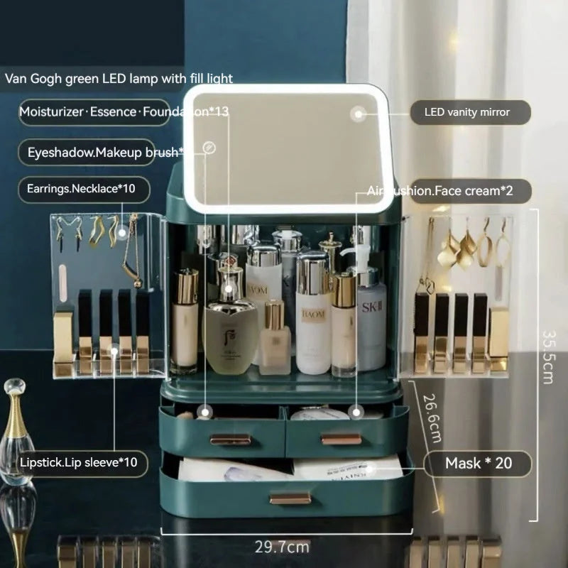 led mirror vanity storage box | bathroom countertop organizer | dustproof lipstick organizer | energy saving