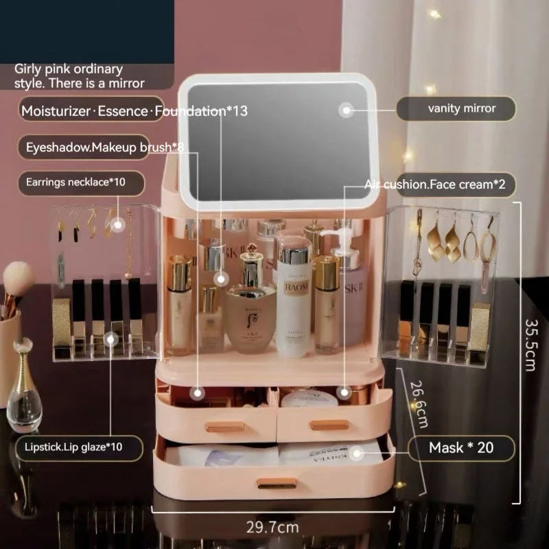 led mirror vanity storage box | bathroom countertop organizer | dustproof lipstick organizer | energy saving