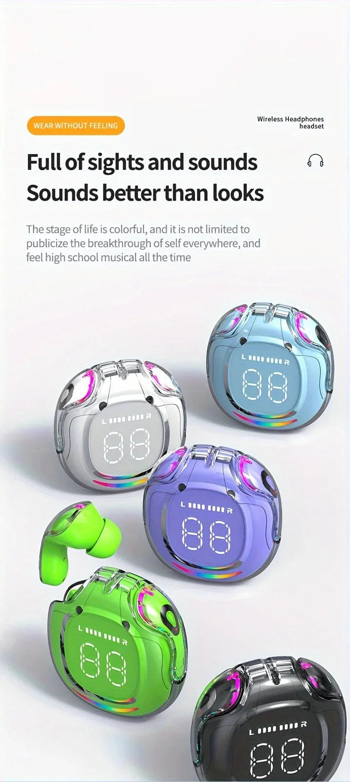 ambient lighting earbuds for sports | touch control wireless headset | bass boost earbuds for gaming | ultrasonic cleaning