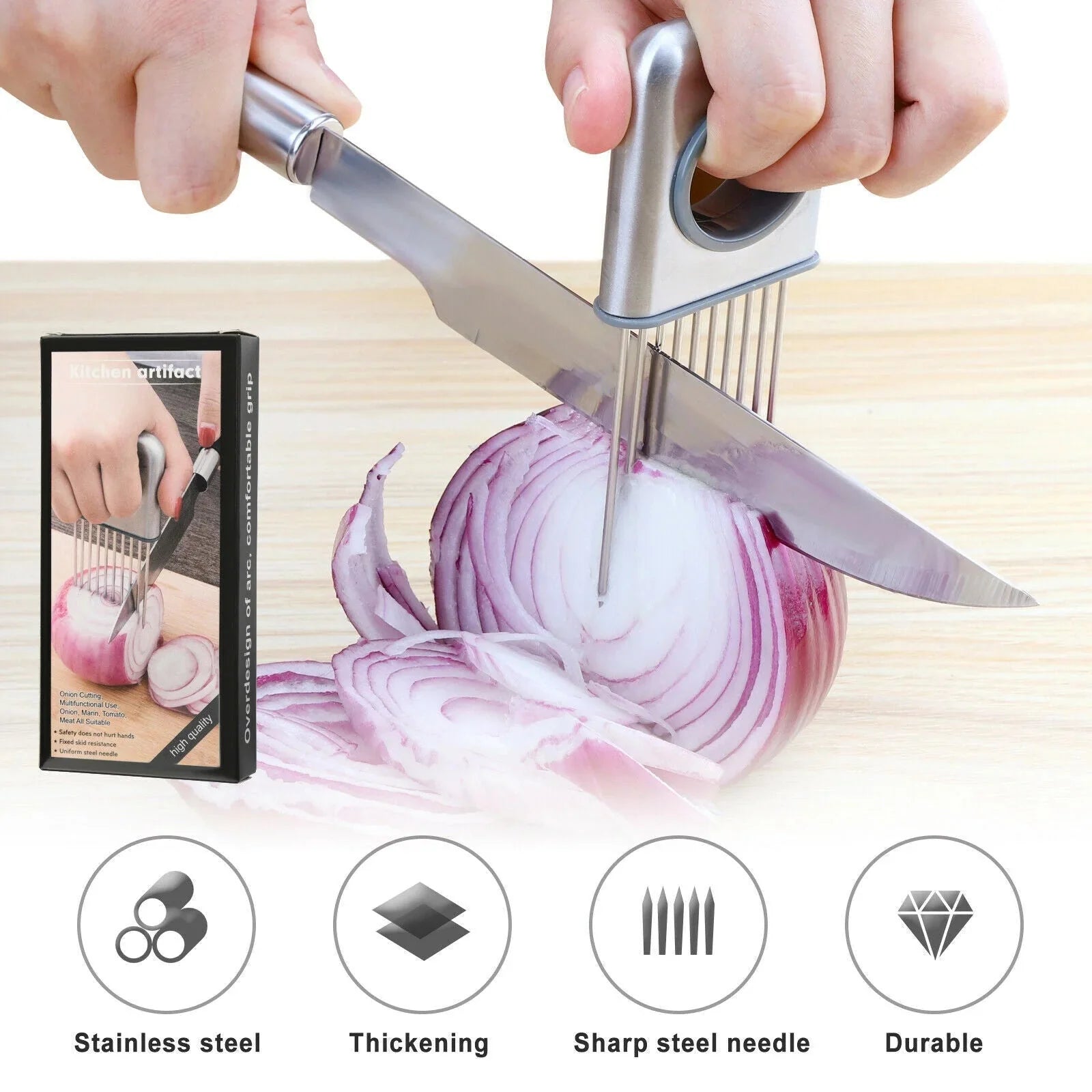 stainless steel kitchen gadget | vegetable slicer with holder | onion chopper tool | energy saving