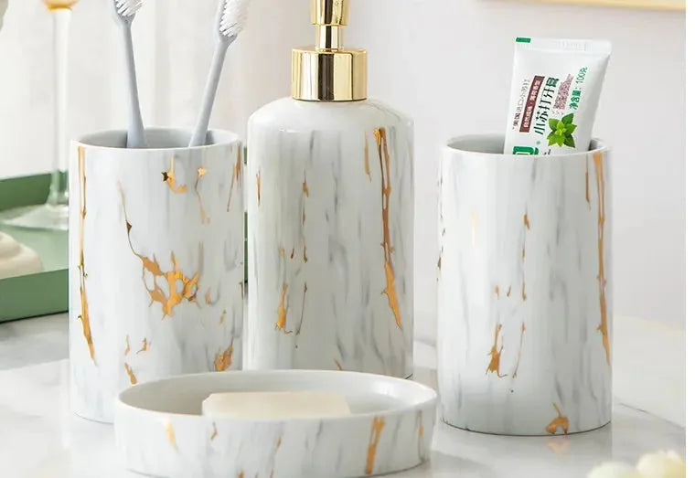 marble bathroom accessories set | ceramic soap dish and tumbler | waterproof bathroom organization | energy saving