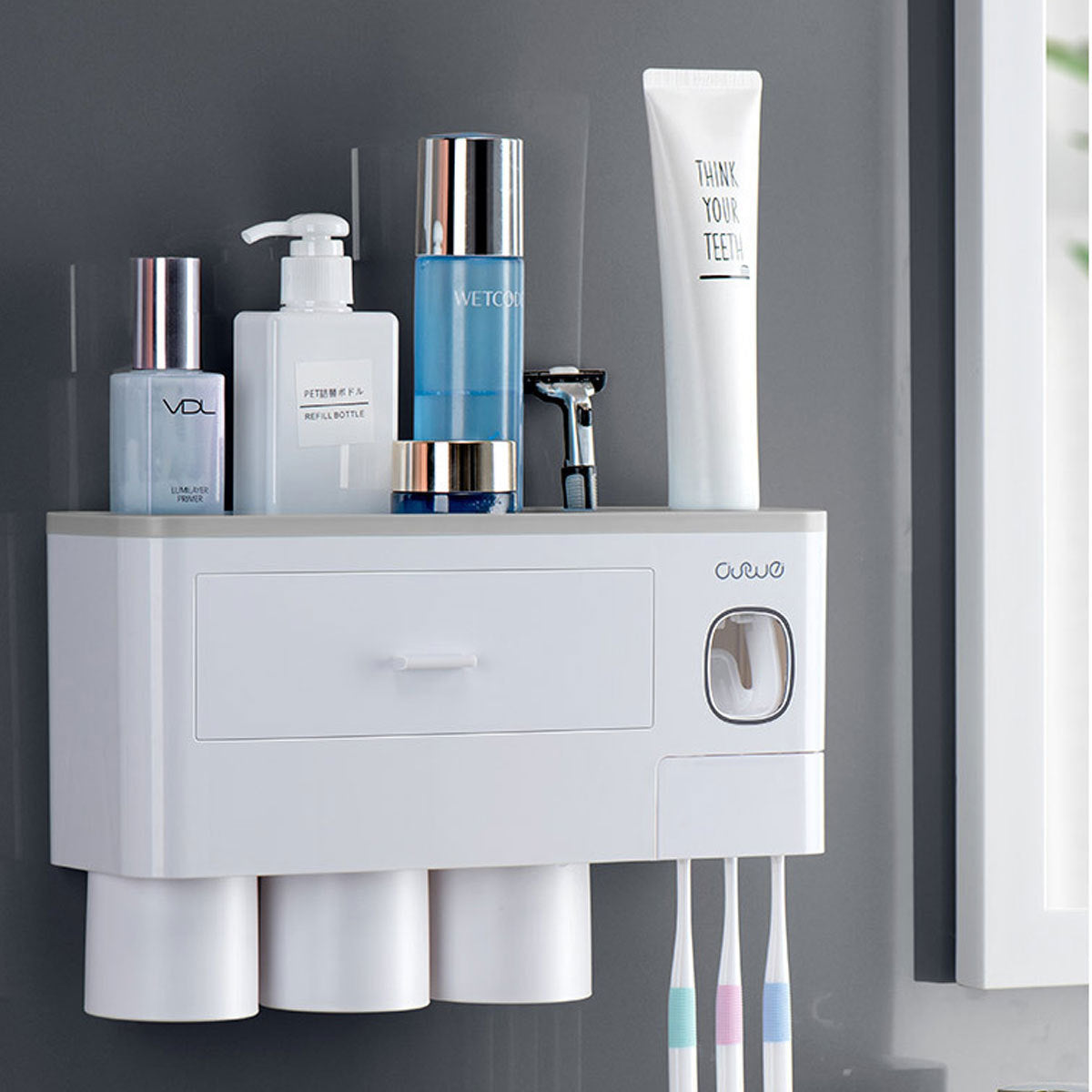 Non-marking Hanging Magnetic Toothbrush Holder Single Drawer Storage Rack With Toothpaste Squeezer Toiletry Set 