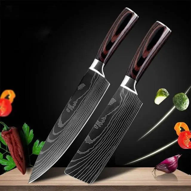 stainless-steel chef knife set | heavy-duty cooking knives | 8-piece knife set with sharpener | ultrasonic cleaning