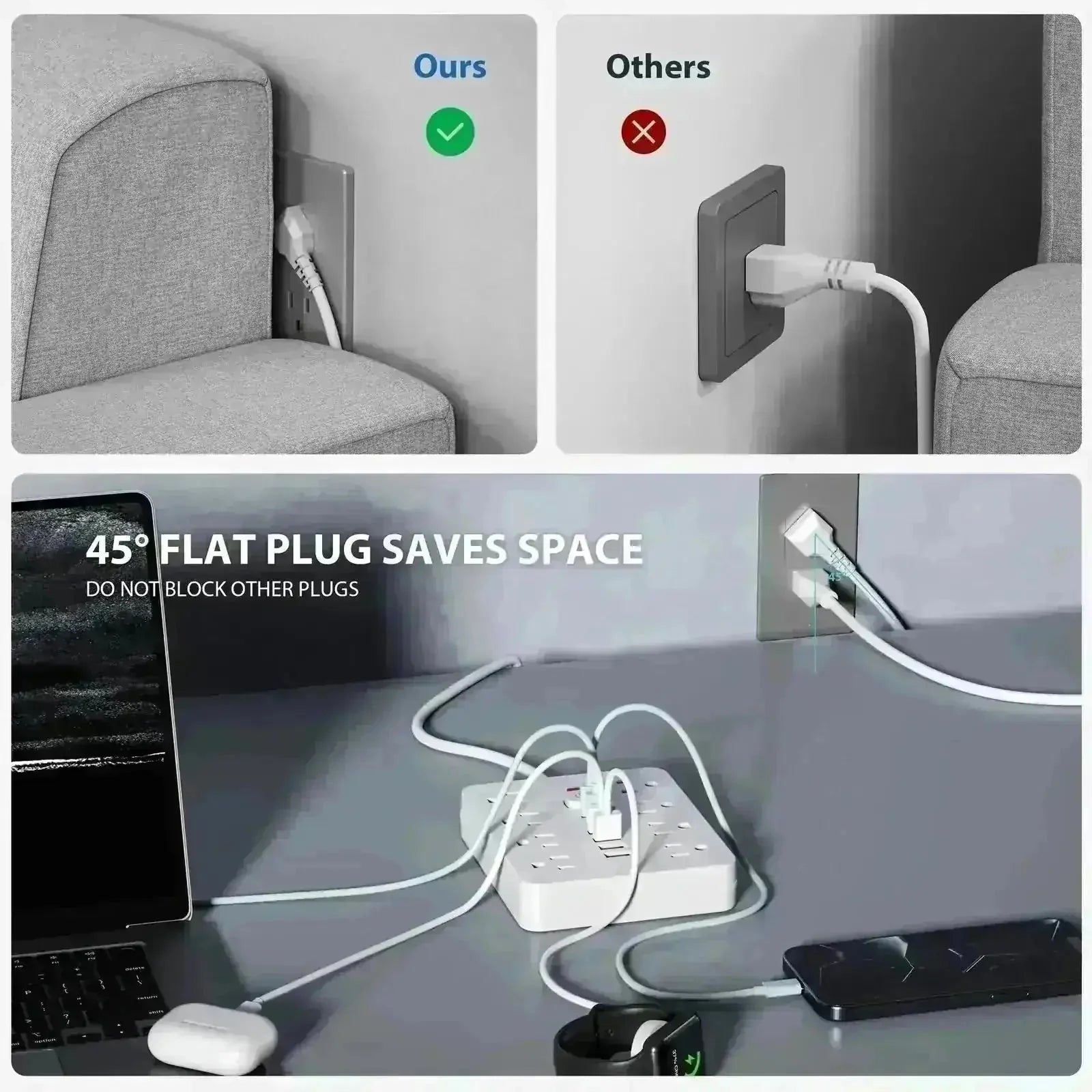 surge protector with usb c | 6 outlet power strip | 8 foot heavy duty extension cord | ultrasonic cleaning