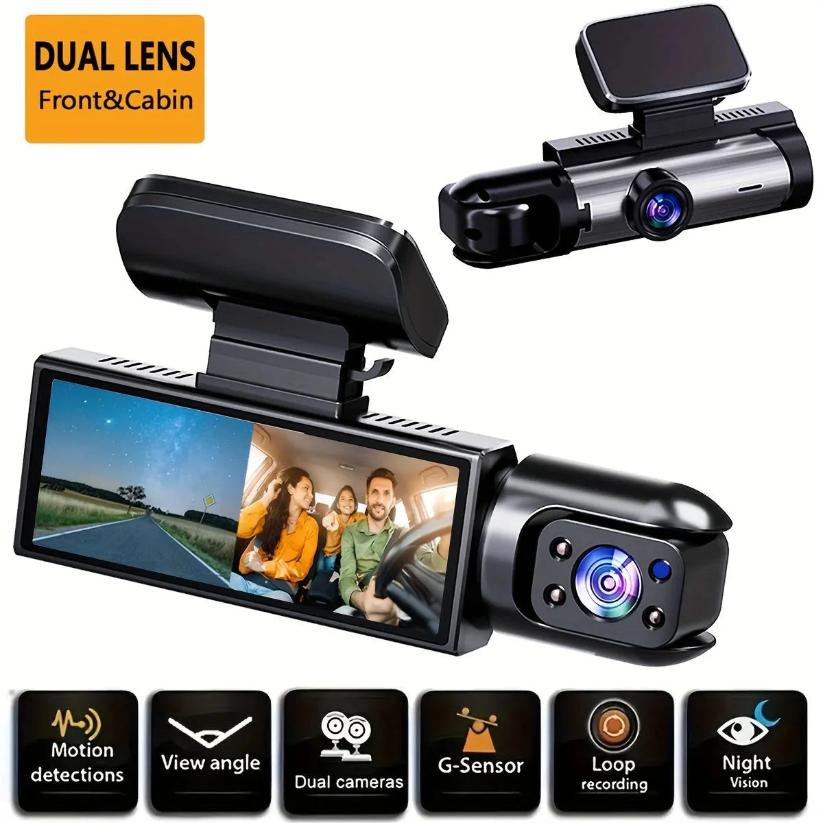dual lens dash cam | front and cabin recording | g-sensor loop recording | ultrasonic cleaning