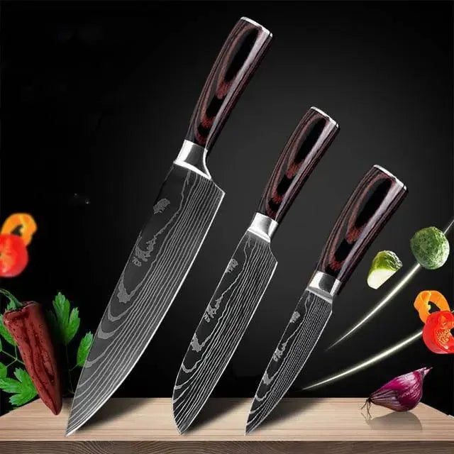 stainless-steel chef knife set | heavy-duty cooking knives | 8-piece knife set with sharpener | ultrasonic cleaning