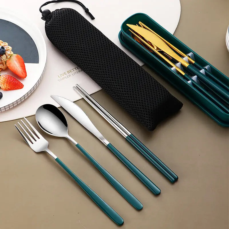 304 Dinnerware Set Flatware Kitchen Accessories Camping Travel Sets Gold Knife Fork Spoon Portable Cutlery Sets With Case 