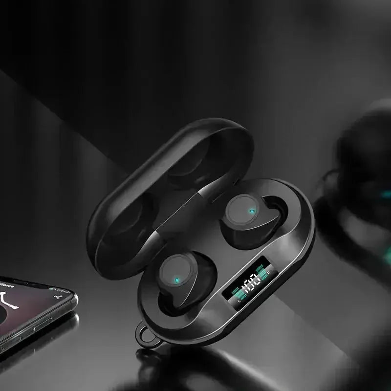 led display earbuds | wireless charging case | 10 hour battery life | energy saving