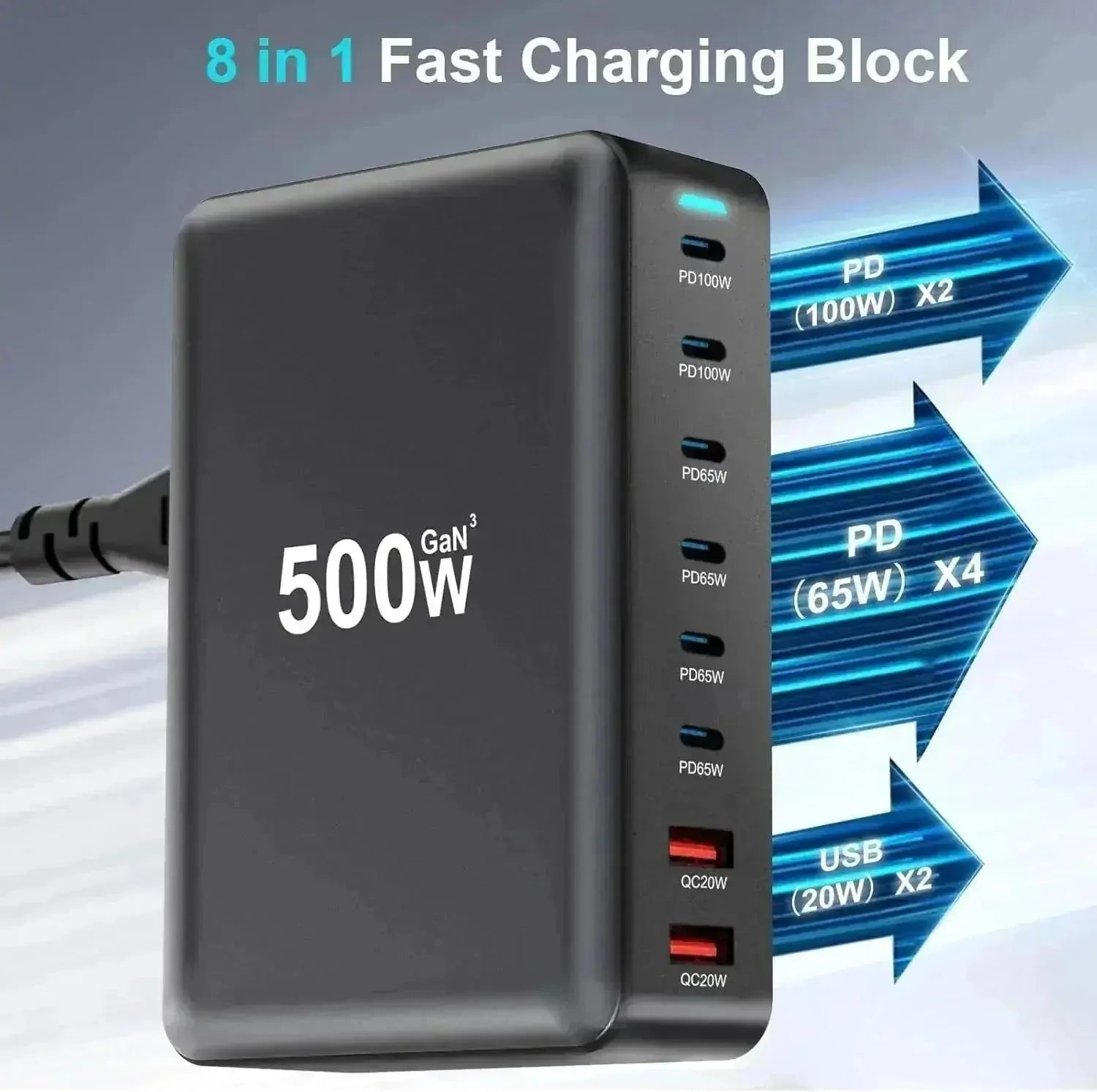 w pd gan charger | 8 port usb charging station | 500w fast charging block | ultrasonic cleaning
