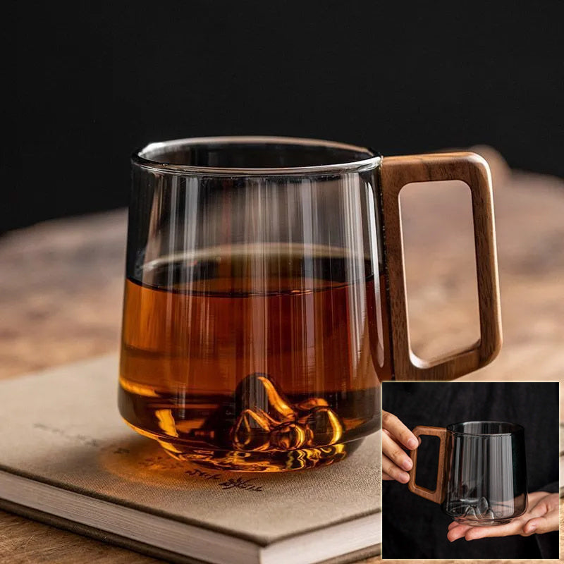 Guanshan Glass Single-layer Side Wooden Handle Drinking Cups Household Large-capacity Milk Tea Juice Single-layer Cup Kitchen Gadgets 