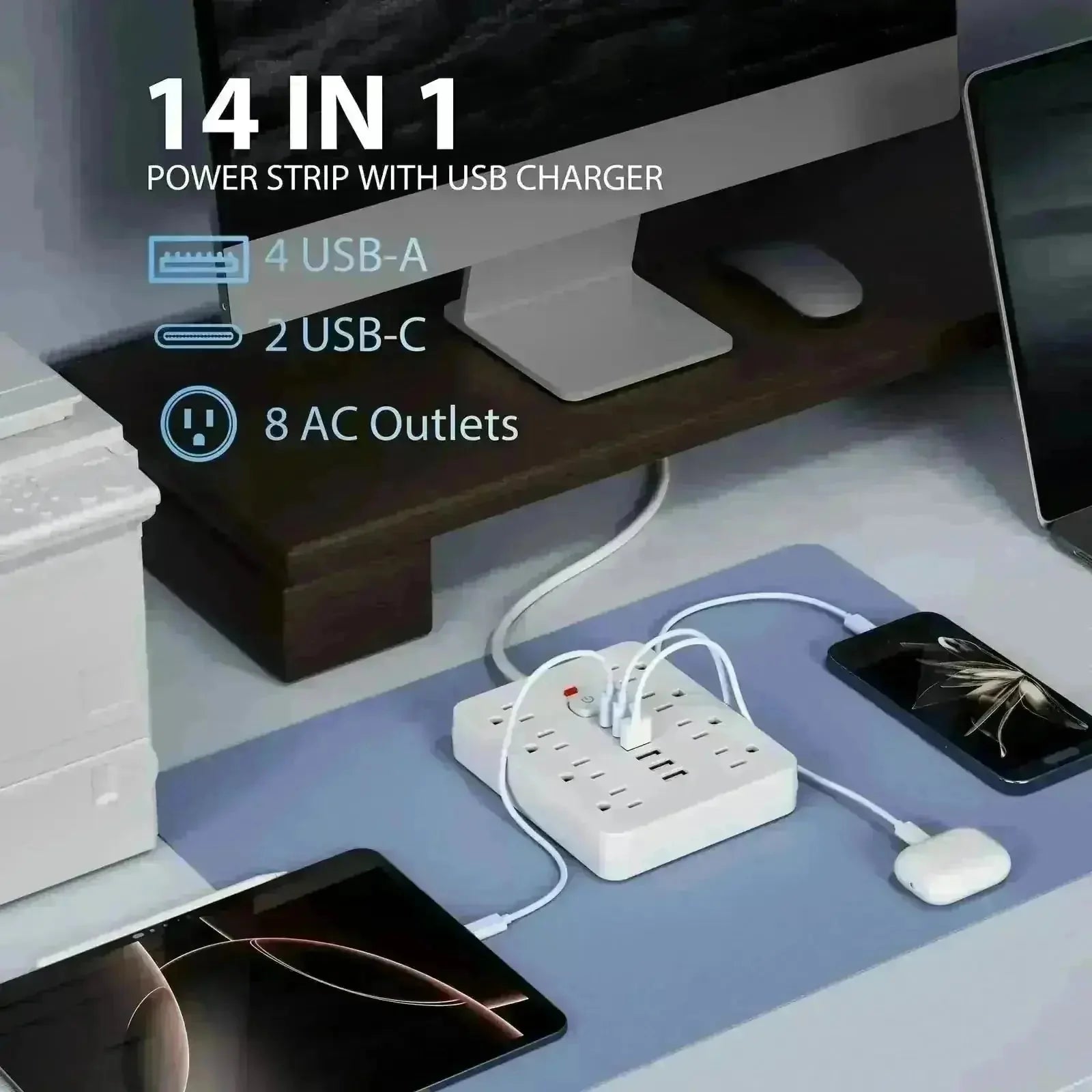 surge protector with usb c | 6 outlet power strip | 8 foot heavy duty extension cord | energy saving