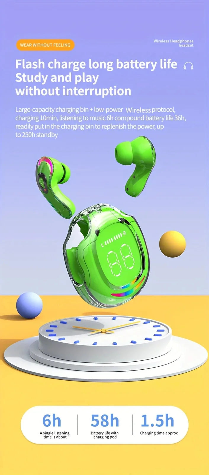 ambient lighting earbuds for sports | touch control wireless headset | bass boost earbuds for gaming | ultrasonic cleaning