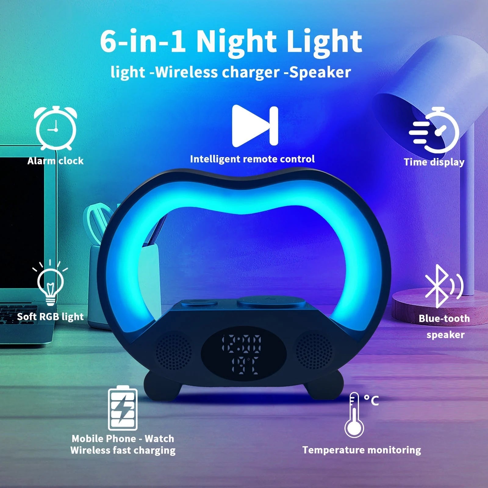 2024 New 6 In 1 Smart Remote Control Bluetooth-compatible Ambience Intelligent LED Table Lamp Multi-function Wireless Charger Night Light Bluetooth-compatible Speaker 