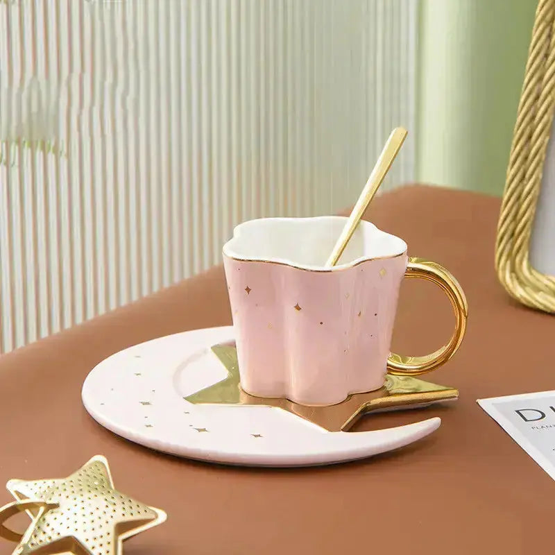 Creative Ceramic Cup With Star And Moon Saucer 