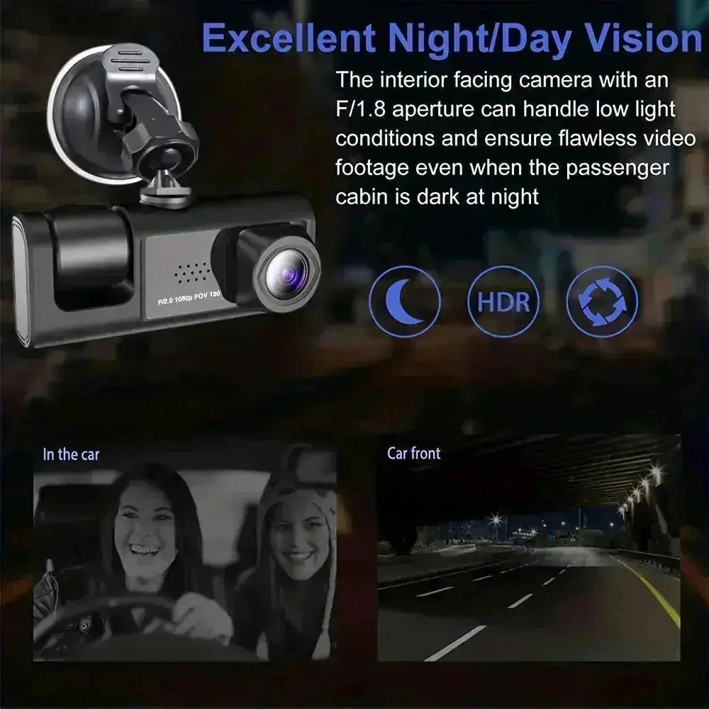 dual camera dash cam | 1080p front and rear recording | ir night vision system | ultrasonic cleaning