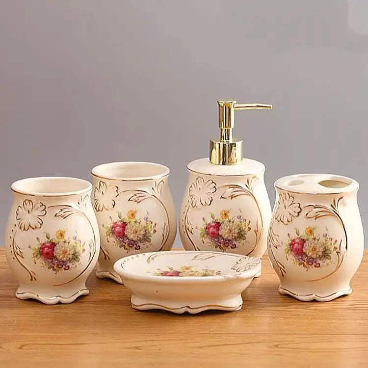 ceramic bathroom set | 5 piece bathroom accessories | wall-mounted soap dispenser | energy saving