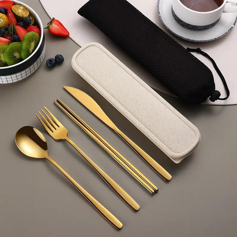 304 Dinnerware Set Flatware Kitchen Accessories Camping Travel Sets Gold Knife Fork Spoon Portable Cutlery Sets With Case 