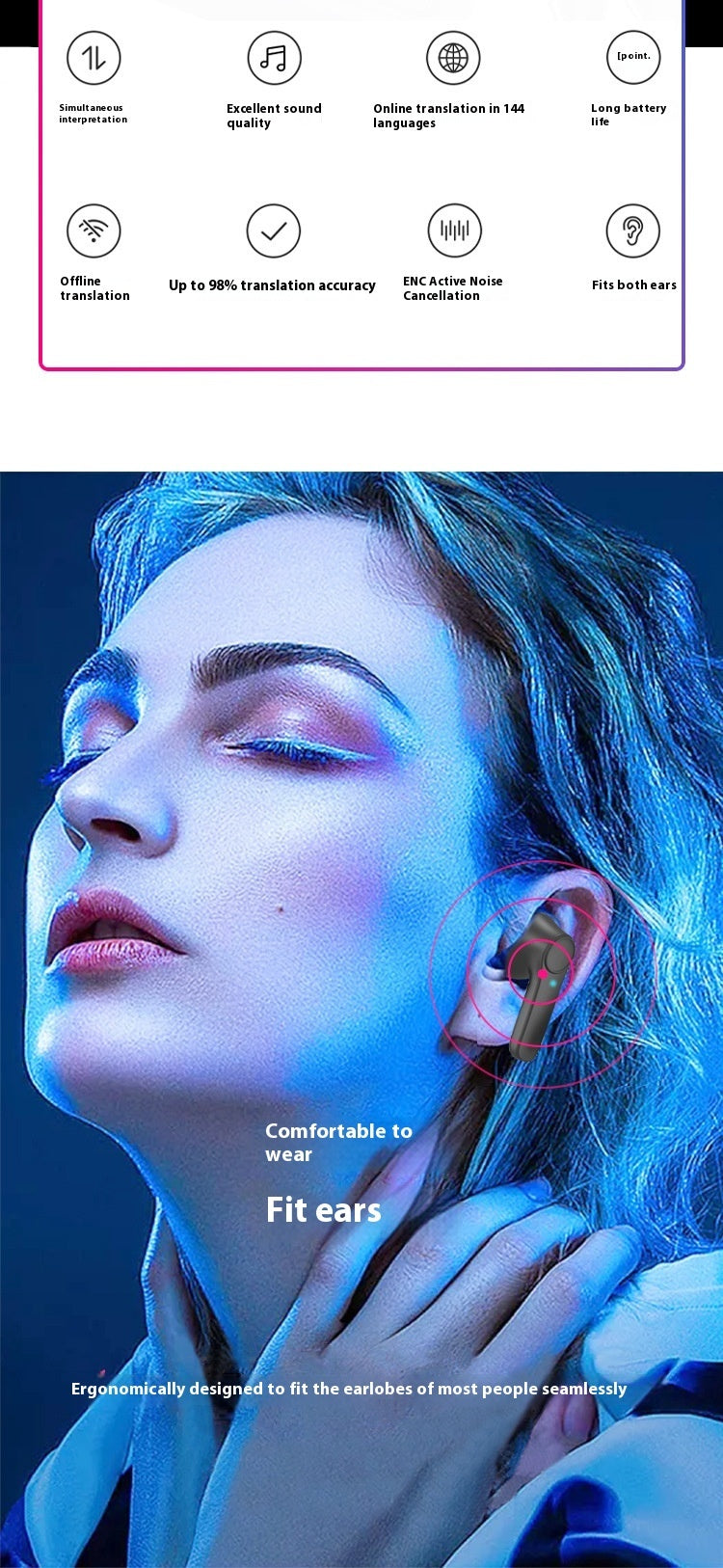 Wireless Bluetooth-compatible Translation Headphones Portable In-ear Translator 