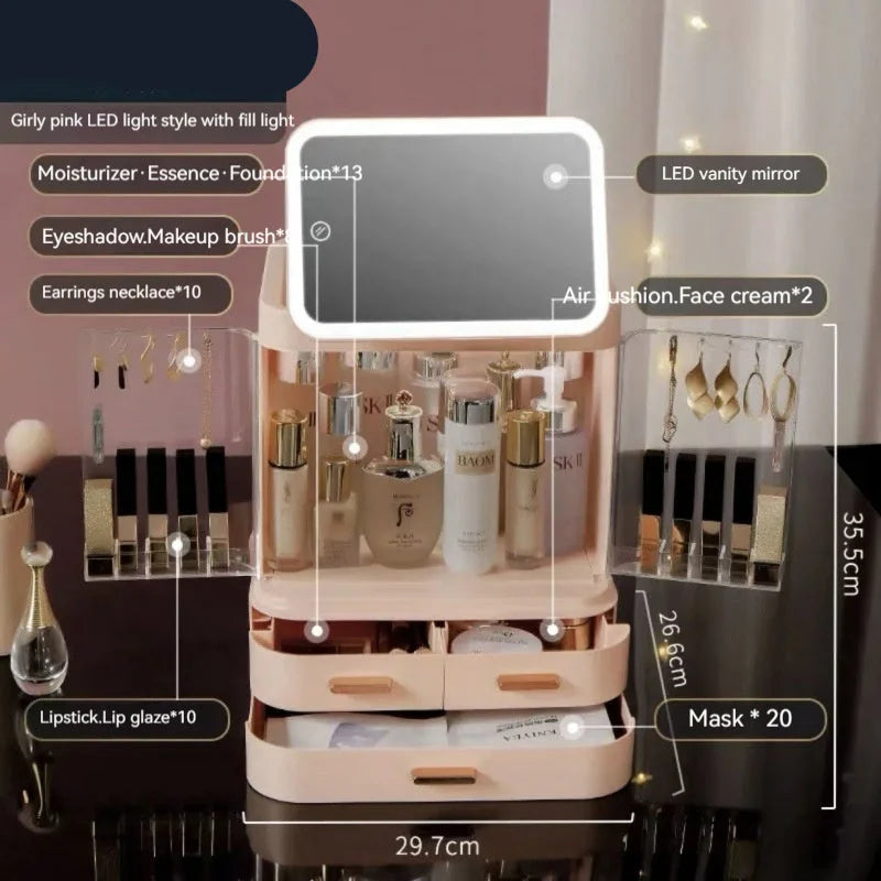 led mirror vanity storage box | bathroom countertop organizer | dustproof lipstick organizer | ultrasonic cleaning