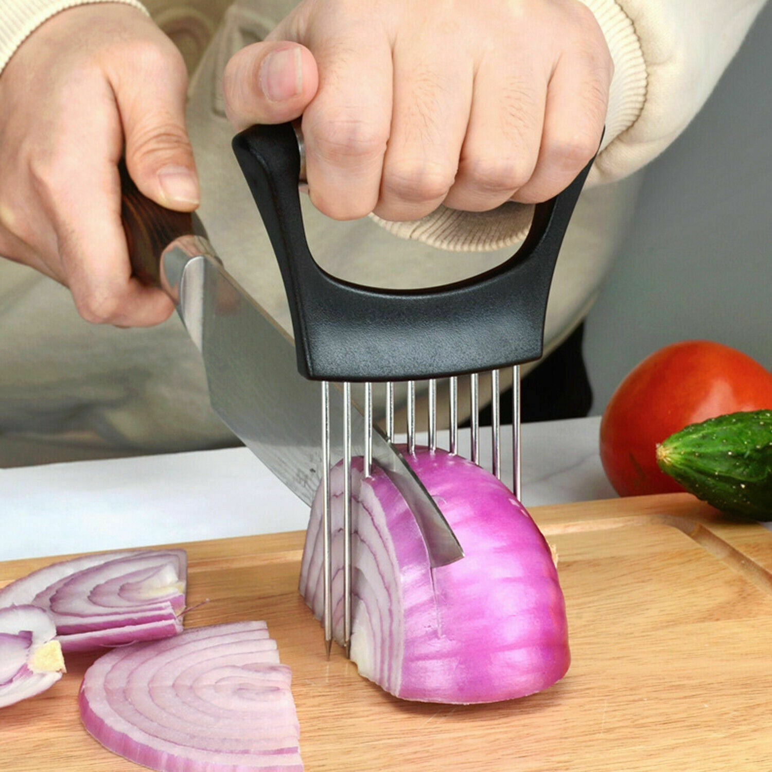 Food Slice Assistant - Stainless Steel Onion Holder Slicer Tomato Cutter NonSlip 