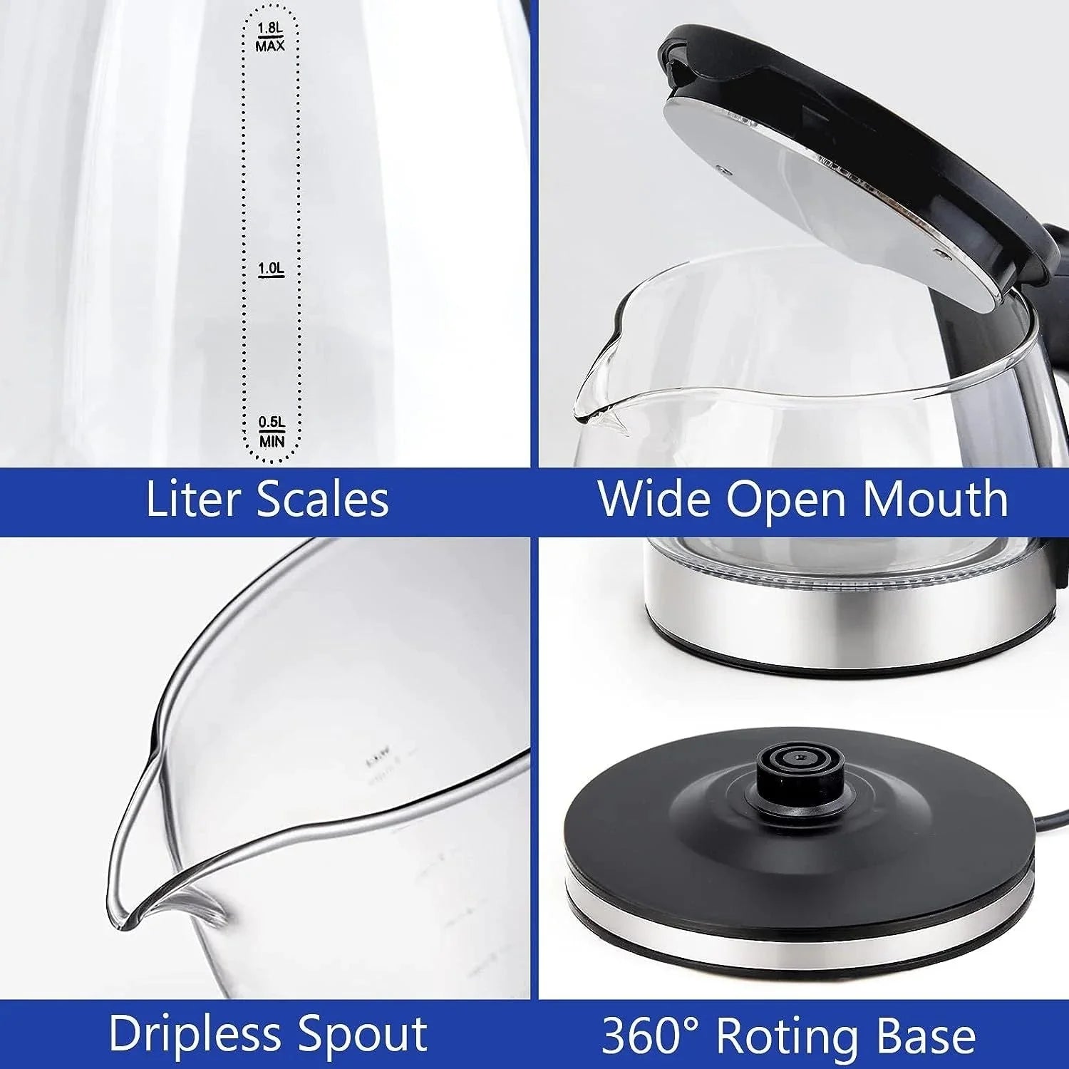 l electric kettle | wide opening glass kettle | auto shut-off protection | ultrasonic cleaning