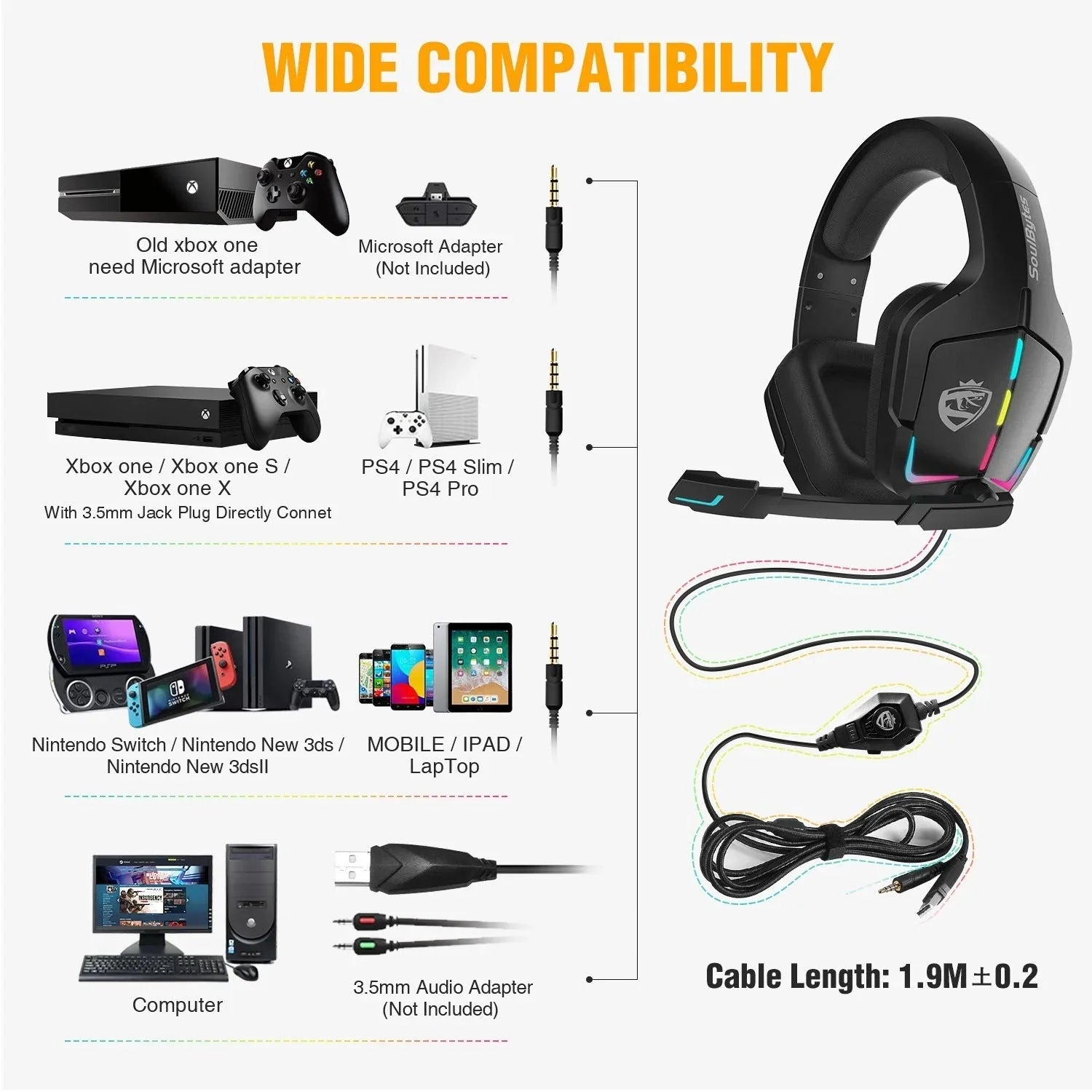 1 surround sound | noise cancelling microphone | adjustable headband | energy saving