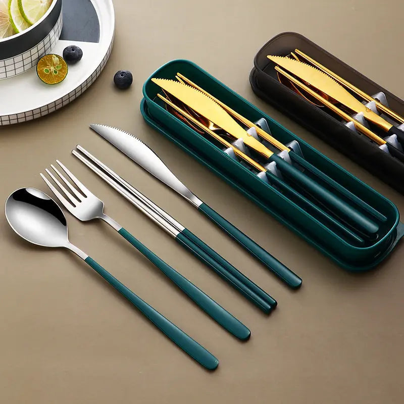 304 Dinnerware Set Flatware Kitchen Accessories Camping Travel Sets Gold Knife Fork Spoon Portable Cutlery Sets With Case 