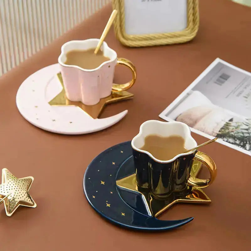 Creative Ceramic Cup With Star And Moon Saucer 