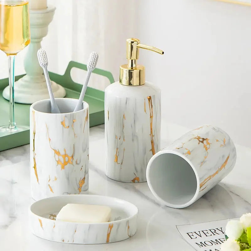 marble bathroom accessories set | ceramic soap dish and tumbler | waterproof bathroom organization | ultrasonic cleaning