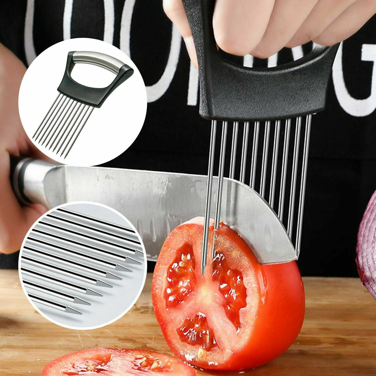 Food Slice Assistant - Stainless Steel Onion Holder Slicer Tomato Cutter NonSlip 