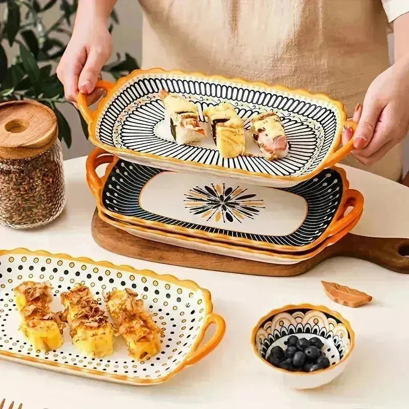 ceramic serving plates with handles | rectangular pasta plates set | dishwasher safe ceramic plates | ultrasonic cleaning