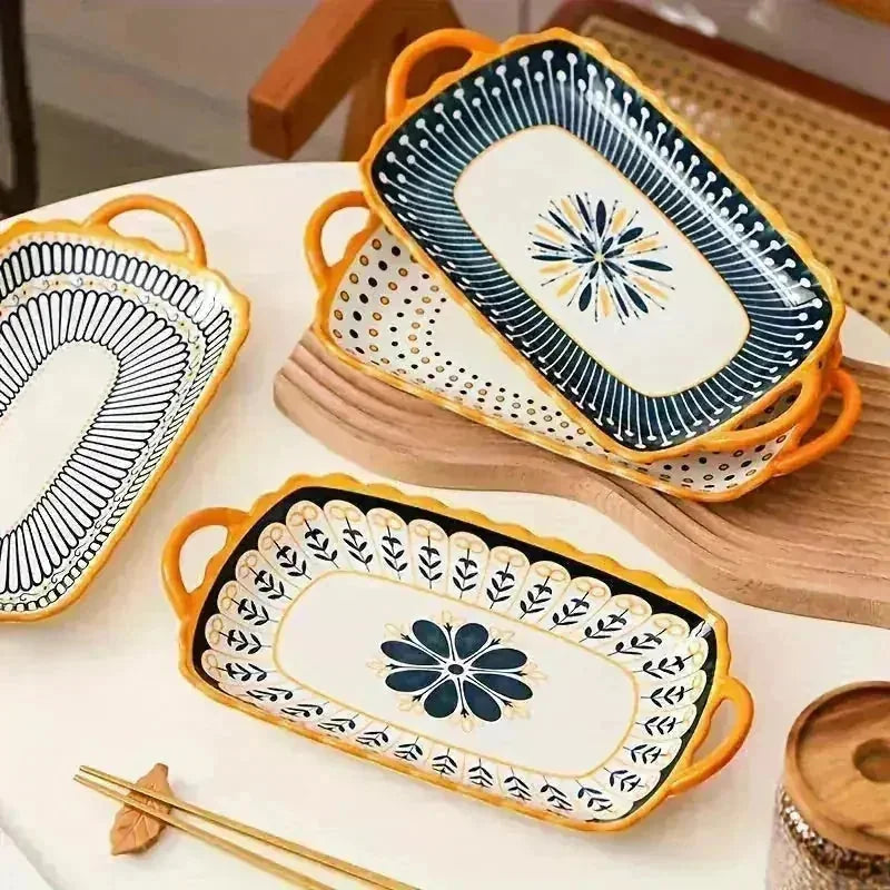 ceramic serving plates with handles | rectangular pasta plates set | dishwasher safe ceramic plates | ultrasonic cleaning