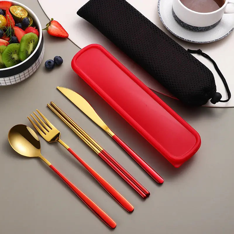304 Dinnerware Set Flatware Kitchen Accessories Camping Travel Sets Gold Knife Fork Spoon Portable Cutlery Sets With Case 