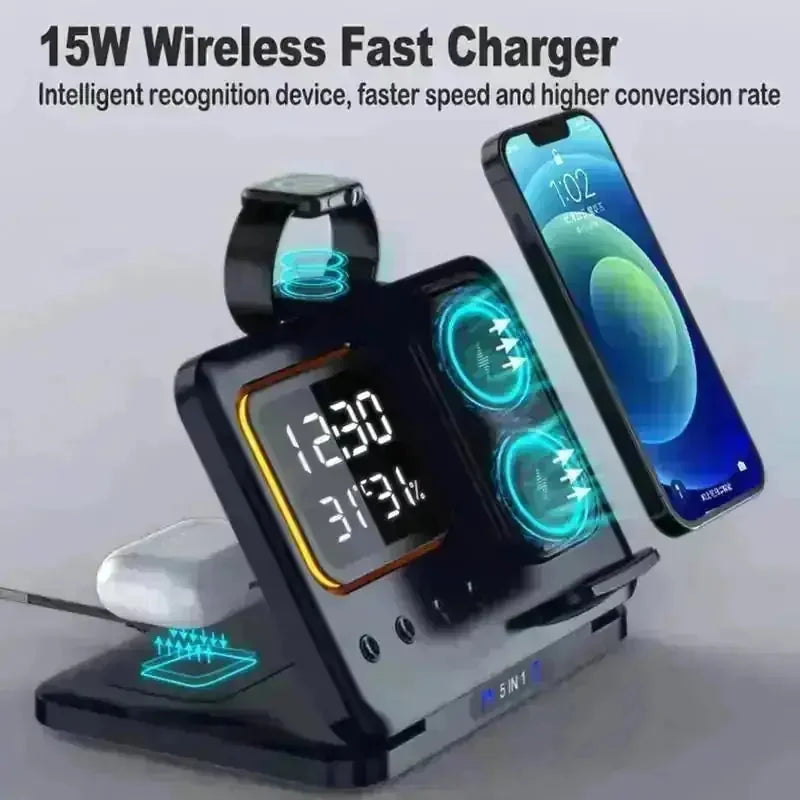 w fast charging | digital alarm clock stand | led display dock station | ultrasonic cleaning